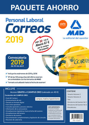 PAQUETE AHORRO PERSONAL LABORAL CORREOS. AHORRO DE 67  (INCLUYE TEMARIOS 1 Y 2;