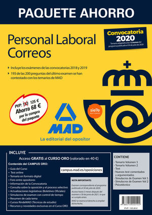 PAQUETE AHORRO PERSONAL LABORAL CORREOS 2020. AHORRA 68  (INCLUYE TEMARIOS 1 Y