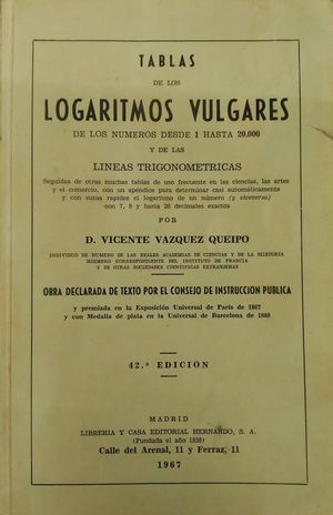 TABLAS DE LOS LOGARITMOS VULGARES DE LOS NMEROS DESDE 1 HASTA 20.000 Y DE LAS L