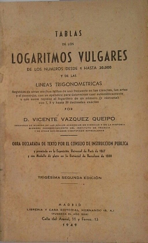 TABLAS DE LOS LOGARITMOS VULGARES DE LOS NMEROS DESDE 1 HASTA 20.000 Y DE LAS L