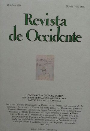 REVISTA DE OCCIDENTE N 065 - OCTUBRE 1986 - HOMENAJE A GARCA LORCA - RECUERDO DE UNAMUNO - GUERRA CIVIL - CARTAS DE MAEZTU A ORTEGA
